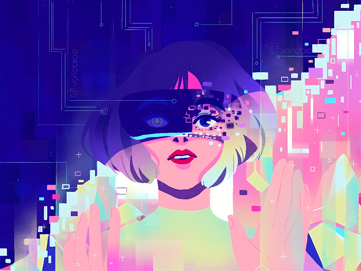 这是一张插画，展示了一位佩戴着未来风格眼镜的女性，背景是由蓝紫色调和数字元素构成的抽象图案。
