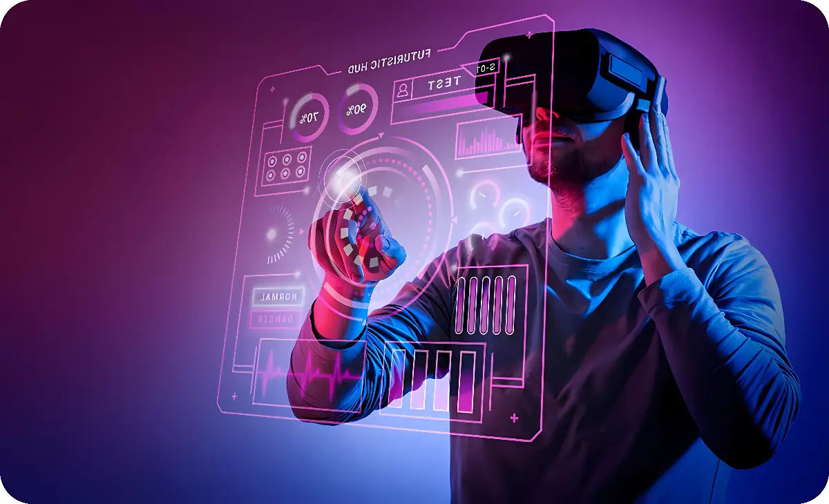 图片展示一位男性戴着虚拟现实头盔，正用手势操控前方出现的虚拟界面，背景为紫色调。