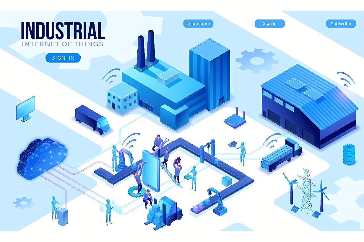 这张图片展示了一个以工业互联网为主题的概念图，包含工厂、设备和人物，强调物联网技术在工业中的应用。