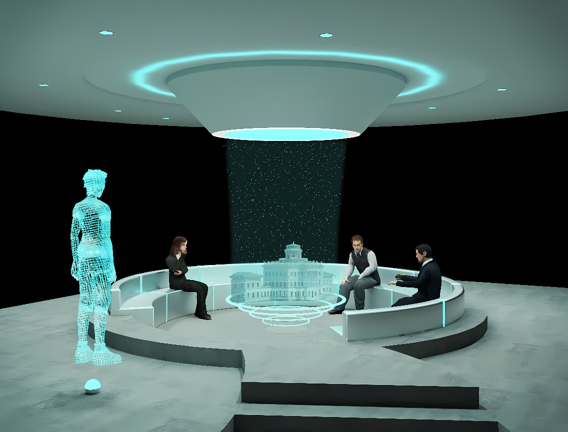 图片中是一个现代风格的房间，有三个人坐着及一个立体全息图像，中间是白宫的三维投影。