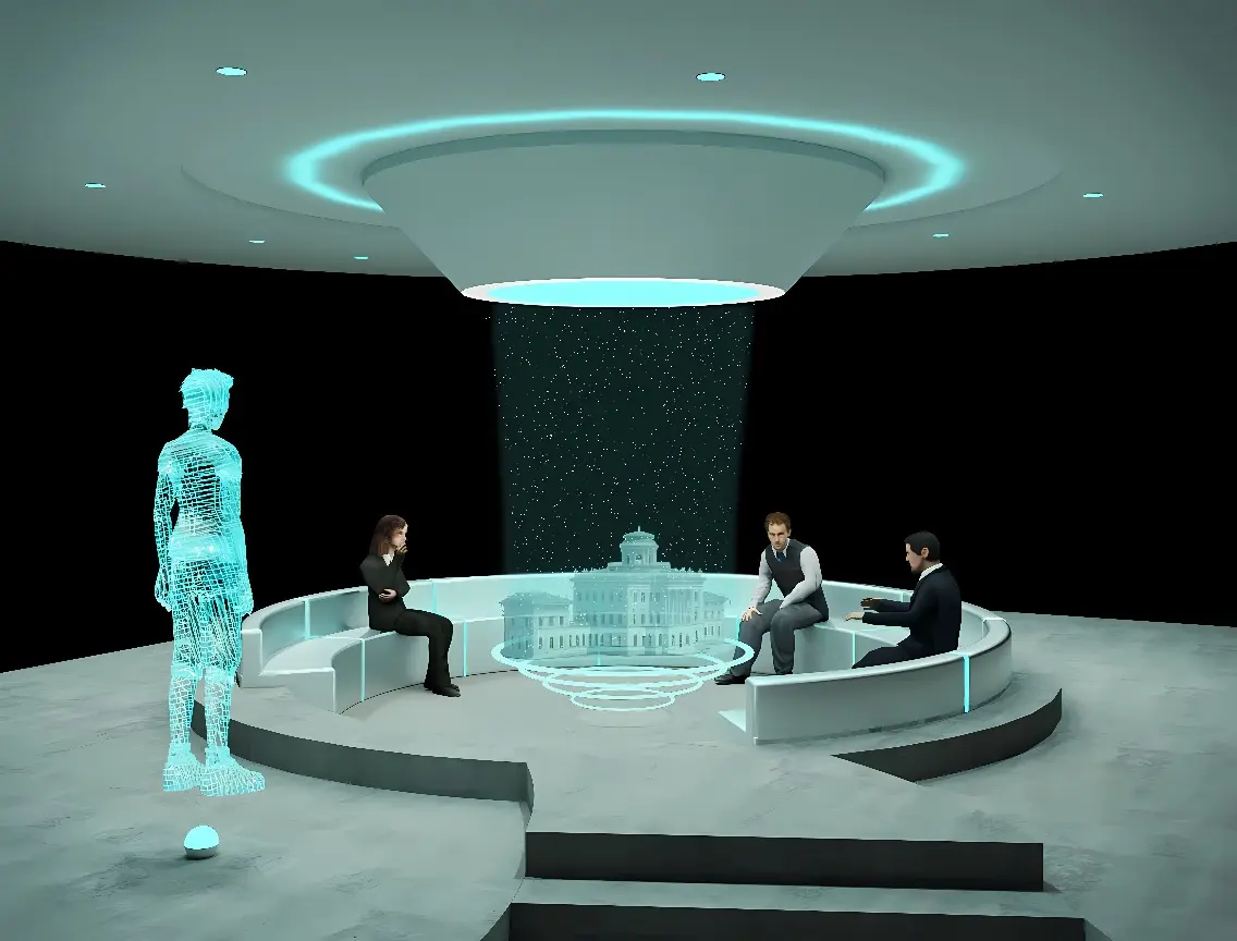 图片展示了一个科幻风格的室内环境，三个人坐在未来感十足的会议桌旁，旁边是一座全息投影的建筑模型和一座数字化的人体雕塑。