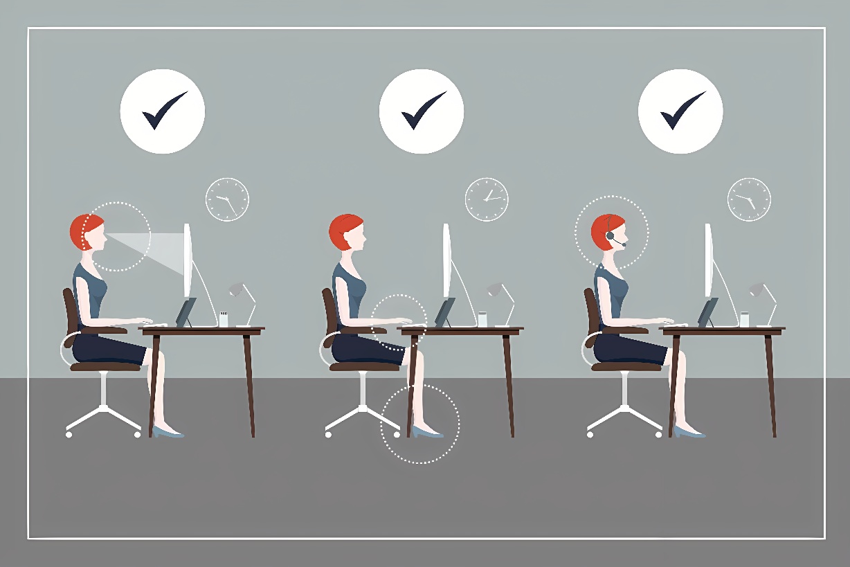 图片展示三位坐姿相同的女性，在办公室内并排使用笔记本电脑工作，背景墙上挂有三个显示不同时间的时钟。