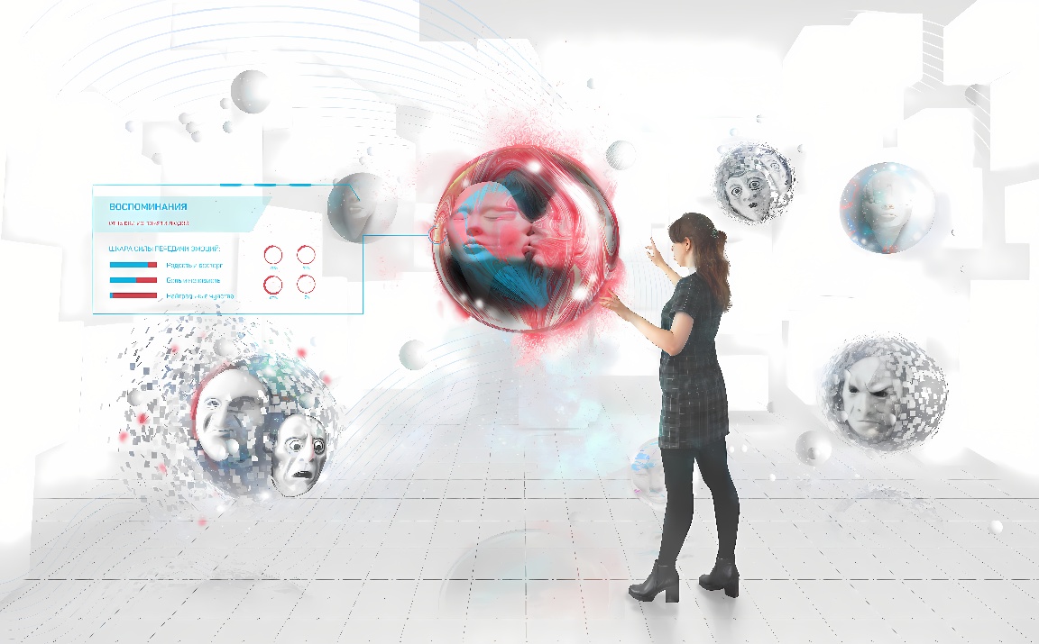 图片展示一位女士站在虚拟现实环境中，观察着多个浮现的三维人脸图像，科技感十足，未来派设计风格。