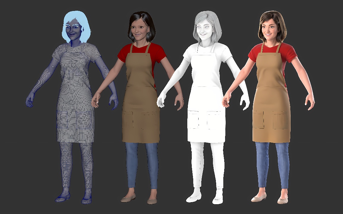 图片展示了四个女性3D模型，从左到右逐渐由蓝色草图变为彩色完整模型，穿着连衣裙和围裙。