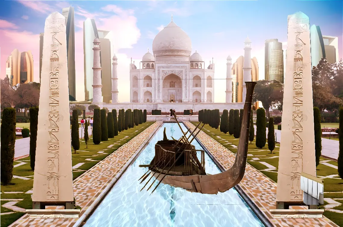 图片展示了一艘古埃及风格的船在水道中，背景是著名的泰姬陵和现代高楼，结合了不同文化和时代的元素。