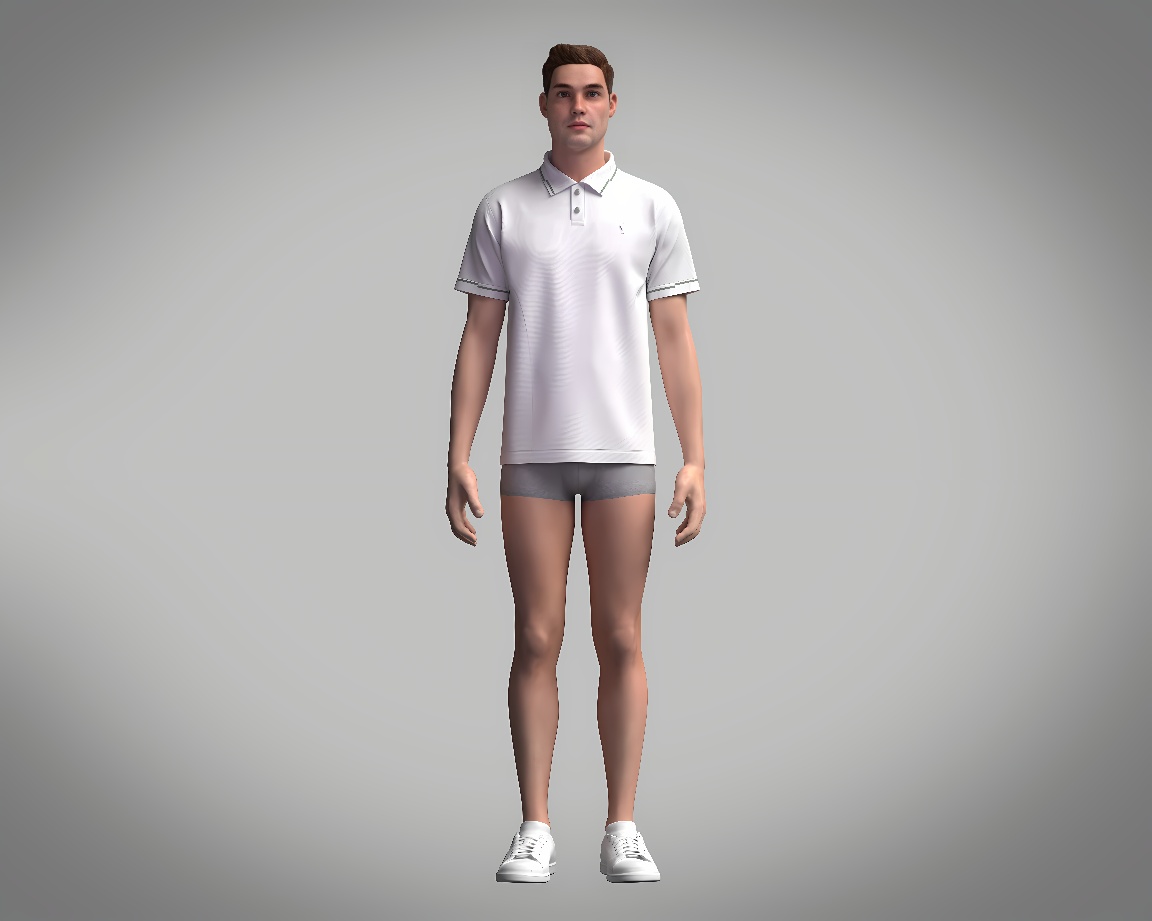 图片展示了一位穿着白色短袖Polo衫、灰色短裤和白色运动鞋的年轻男性3D模型，站立姿势，背景为单色。