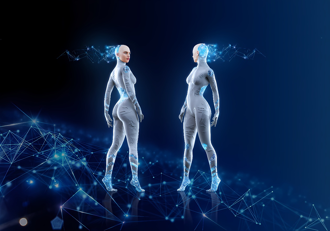 图片展示了两个外观未来感的机器人模型，他们站在数字化的背景前，身体和背景都融合了高科技元素。