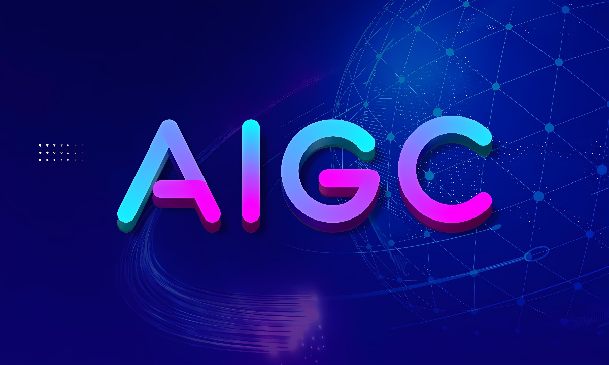 图片展示的是“AIGC”四个字母，采用鲜艳的渐变色，背景是深蓝色，带有网络连接图案和光线效果。