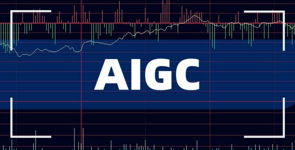 这是一张包含文字“AIGC”的图片，背景是类似股市交易图表的线条，以蓝色为主色调，图表上有白色、红色和黄色的线。