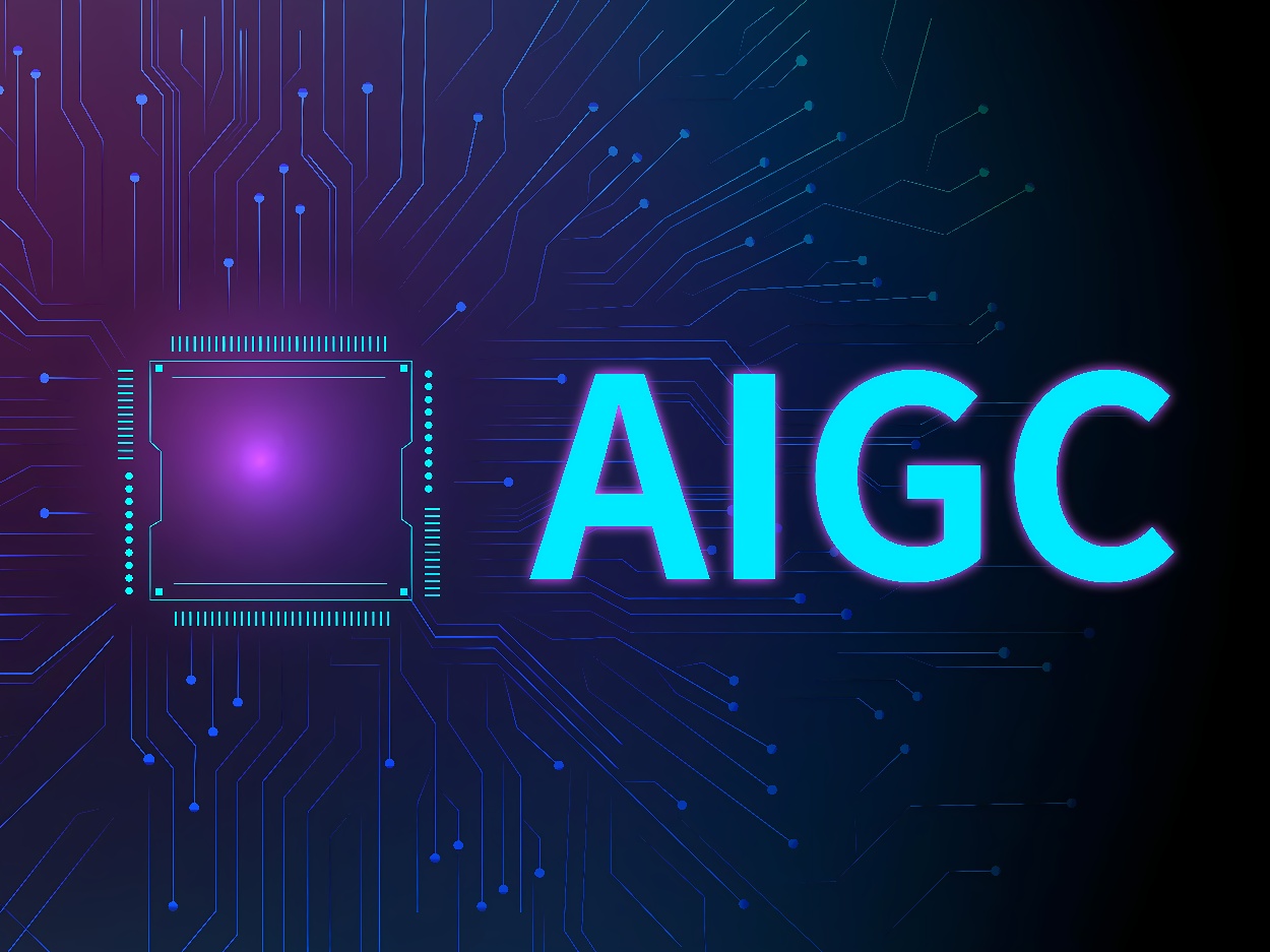 这是一张展示“AIGC”文字的图片，背景是电路板图案，主题颜色为蓝色调，中央有一个芯片图标，整体设计科技感十足。