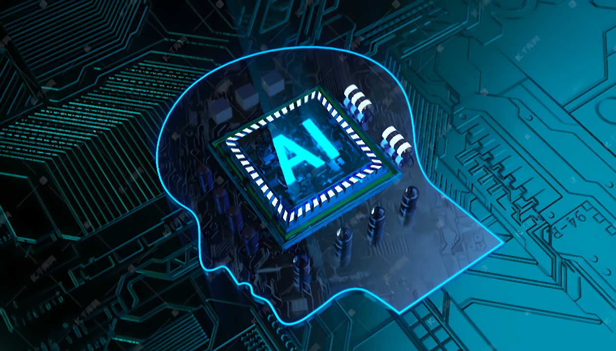 这是一张描绘人工智能概念的图片，展示了一个带有“AI”标志的芯片置于人类头脑轮廓之中，背景是电路板图案。