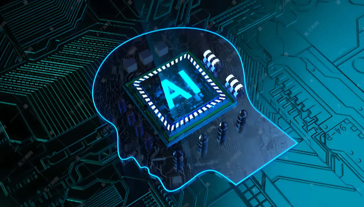 这是一张描绘人工智能概念的图片，展示了一个带有“AI”字样的芯片，置于一个头脑轮廓之内，背景是电路板图案。