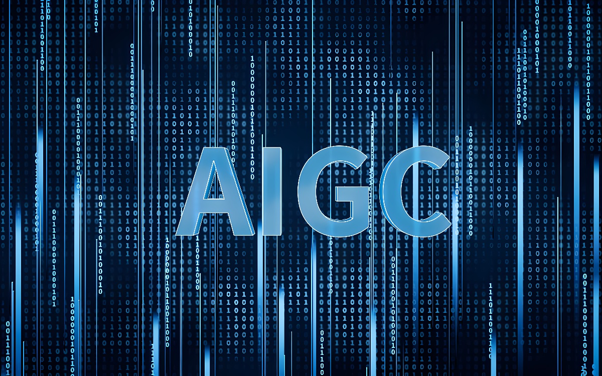 图片展示了“AI”和“GC”两组字母，背景为蓝色调，充满数字化代码，给人一种高科技数据流的视觉效果。