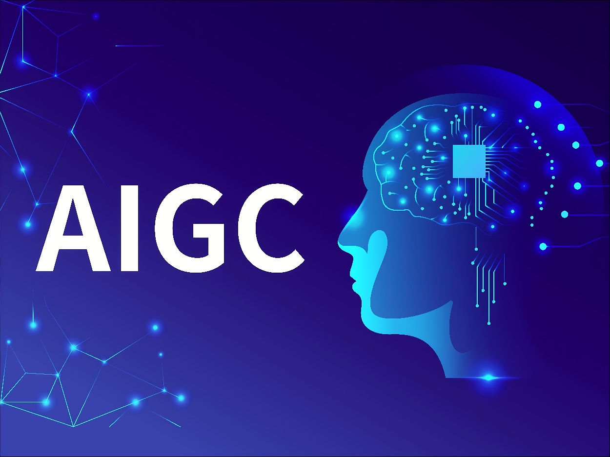这是一张描绘人工智能和人脑结合的概念图，图中展示了一个侧面轮廓的大脑与字母“AIGC”相结合，背景为深蓝色。