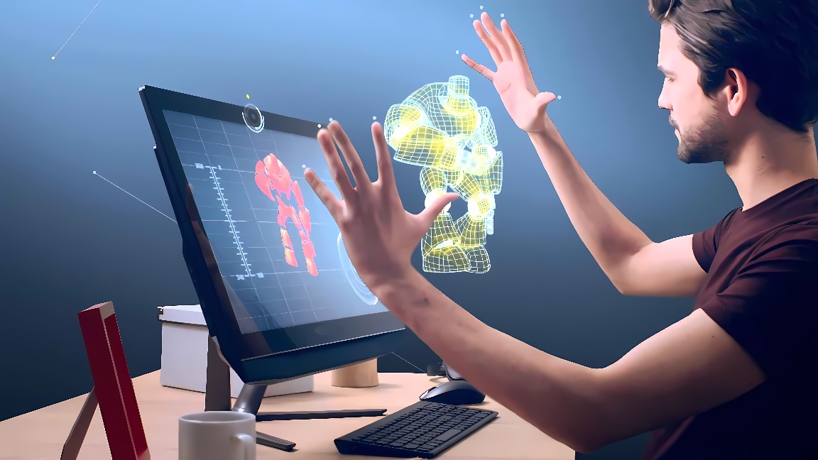 图片展示一位男士在办公桌前，使用手势操控计算机屏幕上的三维图形模型，周围有键盘、杯子等物品。