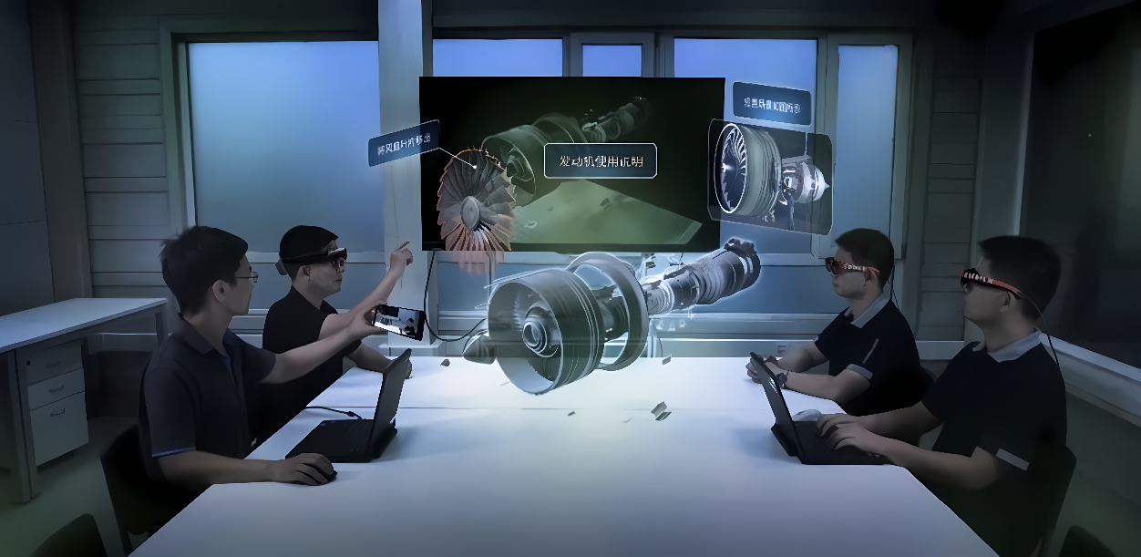 图片展示四人围坐，通过高科技设备共同观看和讨论三维立体的机械部件图像。环境现代，氛围专业。