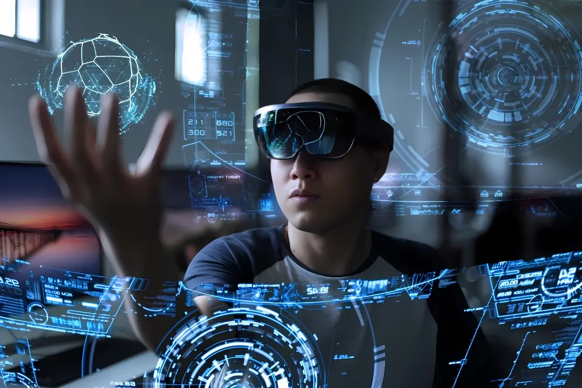 图片展示一位佩戴先进头戴显示器的人正在操作虚拟现实界面，周围充满了未来科技感的图形和数据。