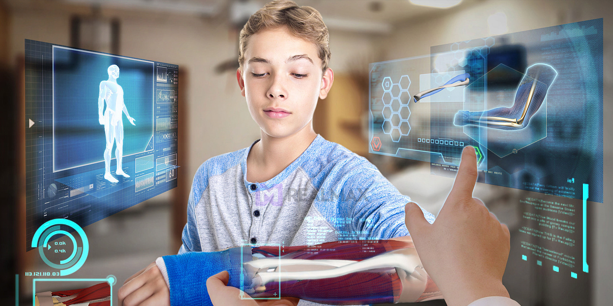 图片展示一位年轻人在高科技环境中，通过触摸屏幕与多个未来式的交互式界面互动，包含身体结构和科技元素。
