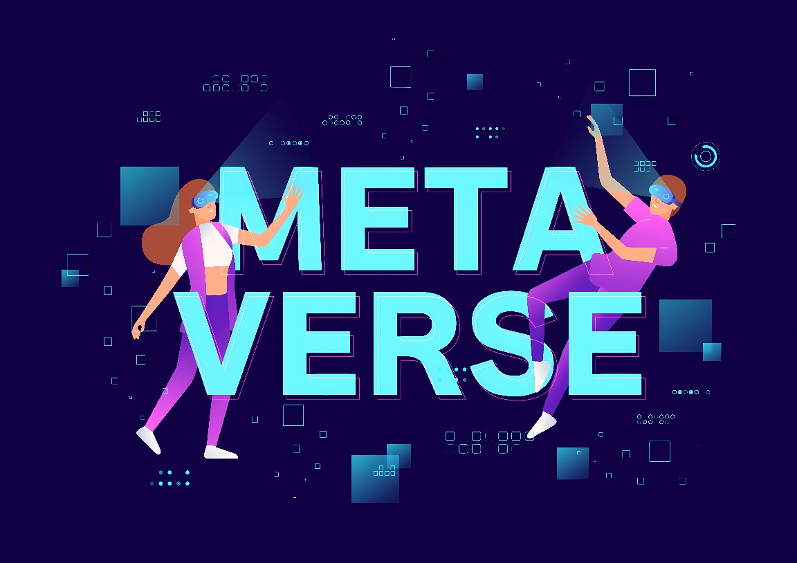 这是一张描绘两个人穿戴虚拟现实设备探索元宇宙概念的插图，背景是深色的，带有数字元素和“METAVERSE”字样。