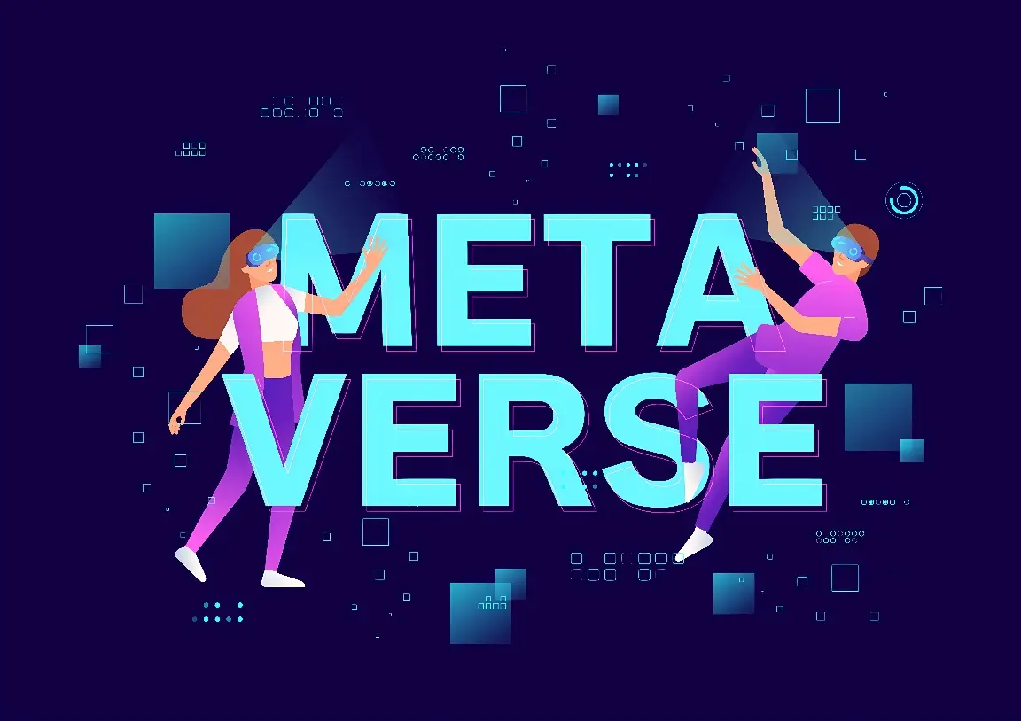 图片展示两个人佩戴虚拟现实头盔，漂浮在带有“METAVERSE”字样的数字化空间中，体现了元宇宙概念。