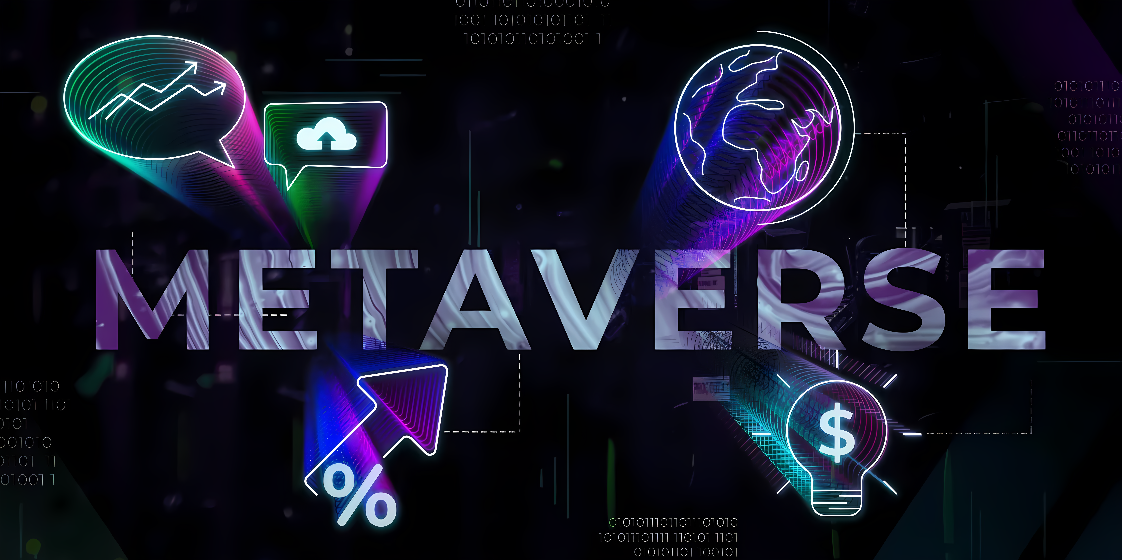 图片展示了“METAVERSE”字样，四周是科技元素，如地球图标、云端、闪电和货币符号，彰显数字世界和虚拟现实的概念。