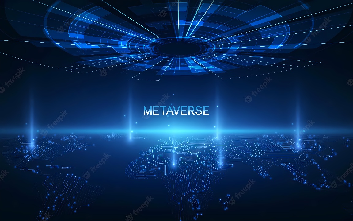 这是一张展示元宇宙概念的图片，中心有“METAVERSE”字样，周围是充满科技感的蓝色光线和电路板图案。