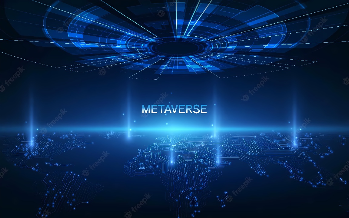 这张图片展示了一个以“METAVERSE”为中心标题的蓝色科技风格图形，周围有类似电路板的设计元素，营造出虚拟现实空间的感觉。