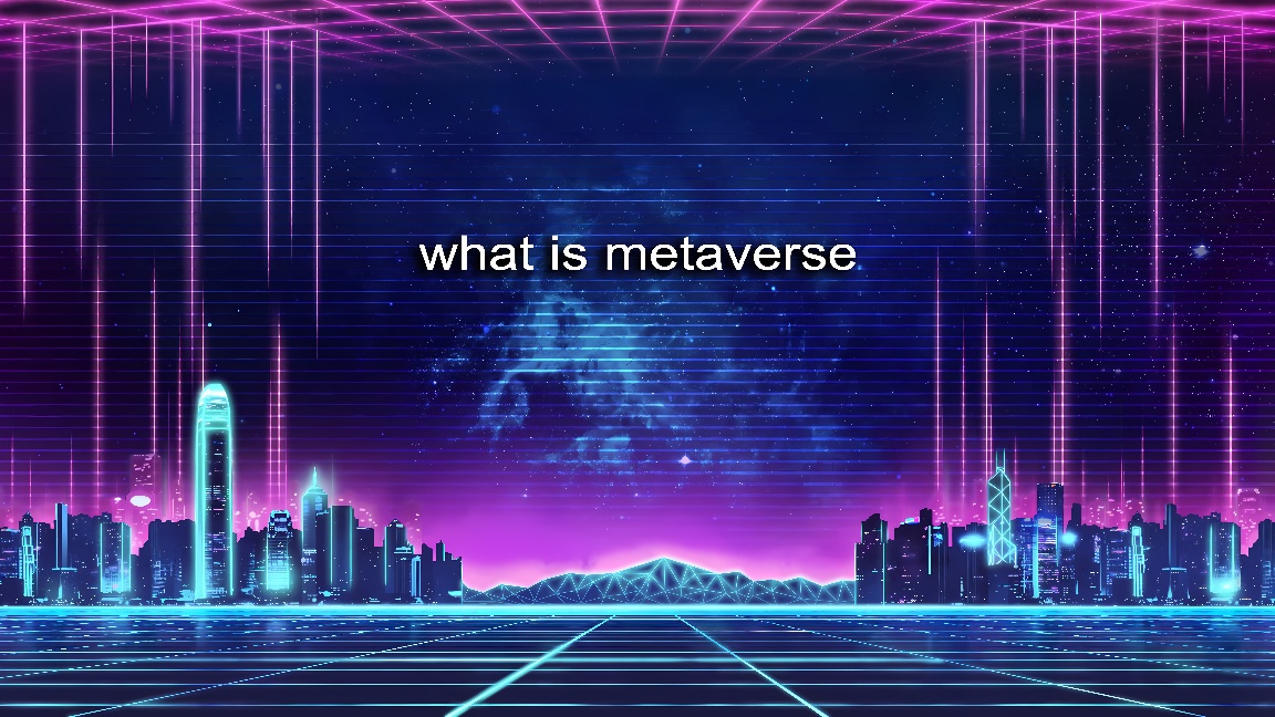 图片展示了未来风格的城市天际线，紫色调背景，带有数字元素和“what is metaverse”文字，体现了虚拟现实概念。