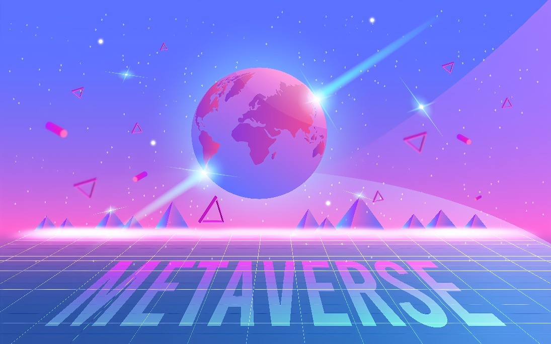 这张图片展示了一个带有“METAVERSE”字样的虚拟现实风格图景，有地球、三角形图案和霓虹色调的网格地面。