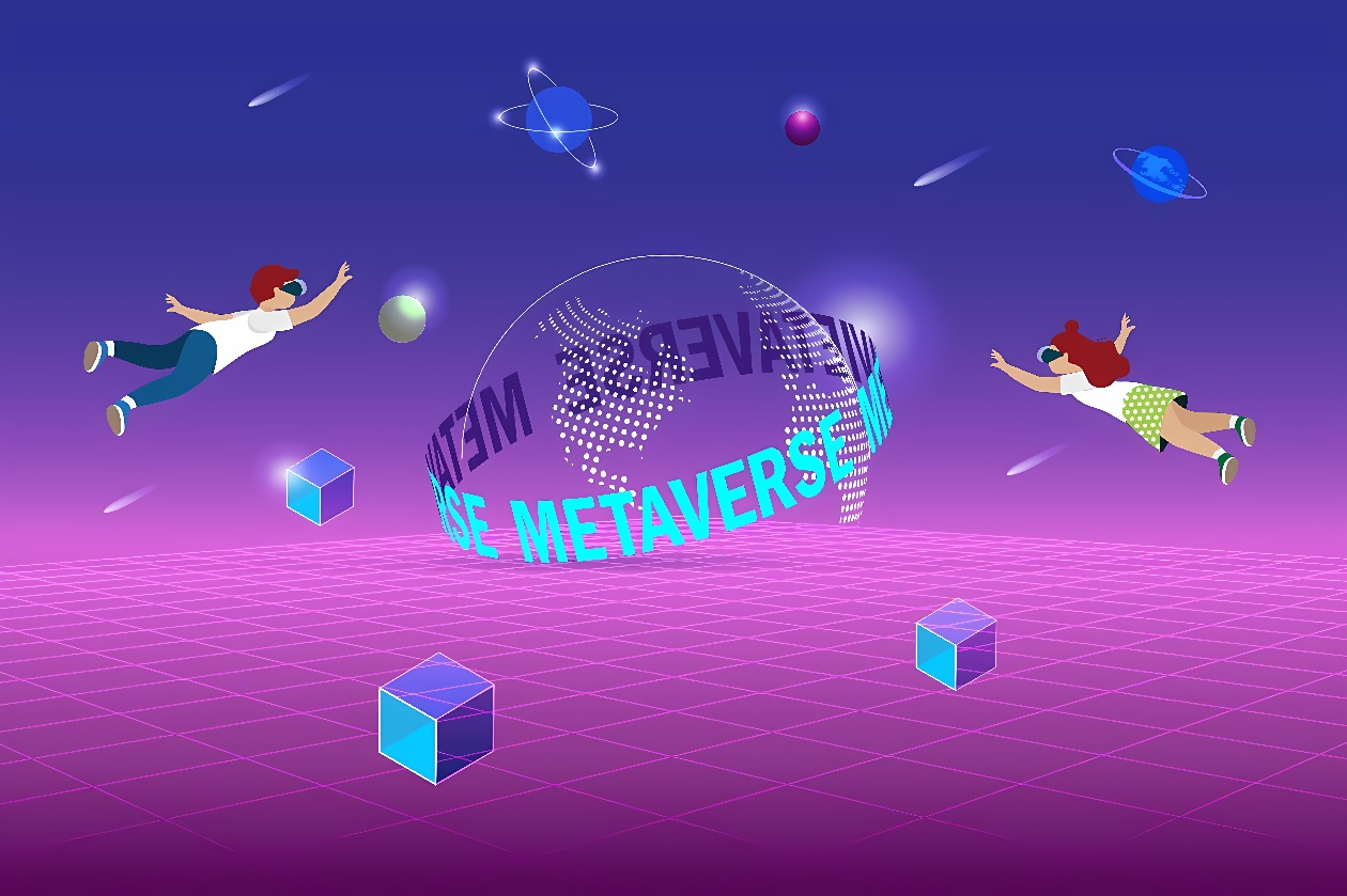图片展示了两个卡通人物在虚拟现实空间内飘浮，周围有多个漂浮的几何图形和行星，背景为“METAVERS”字样的半透明球体。