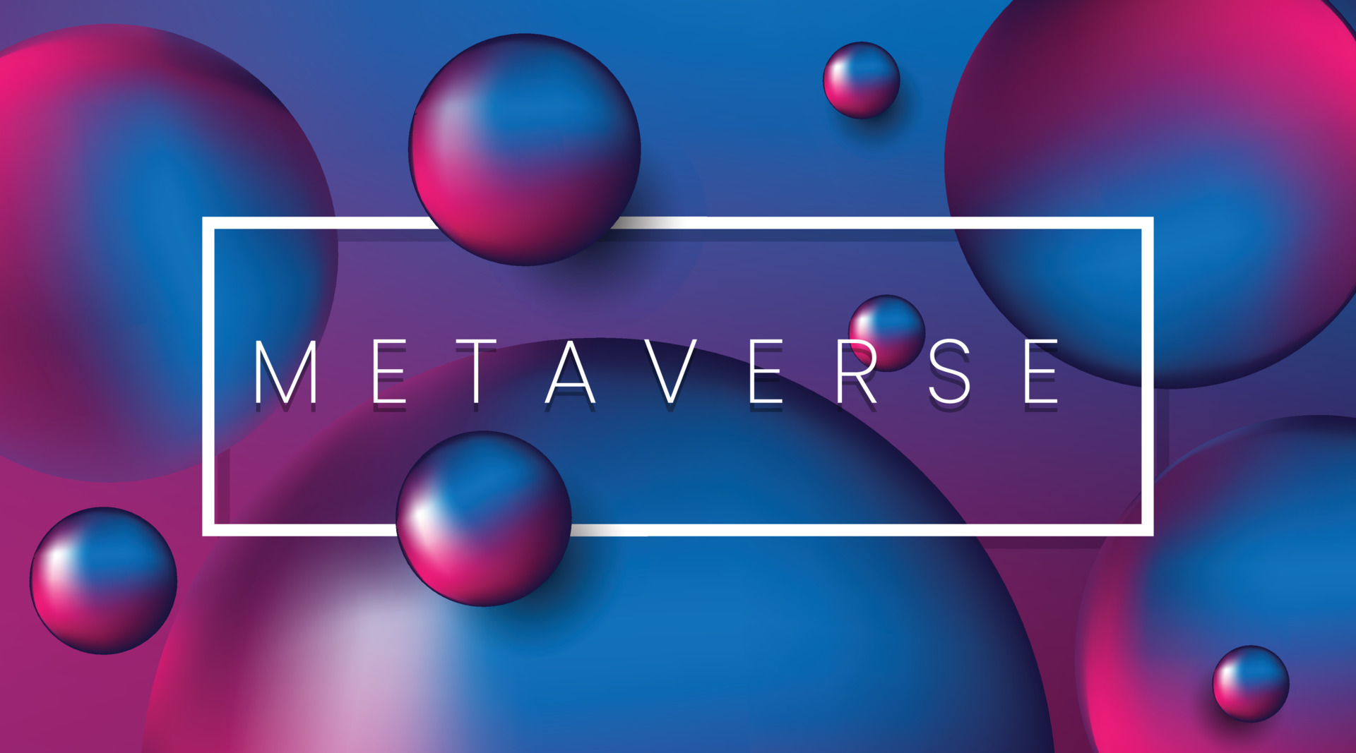 图片展示了多个漂浮的彩色球体，背景为蓝紫色渐变，中间有“METAVERSE”字样的白色矩形框。