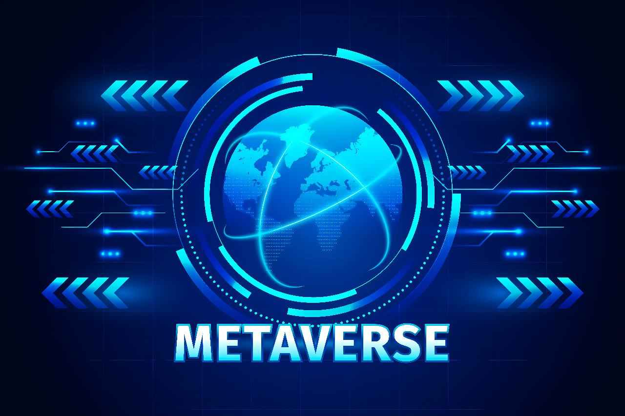图片展示了一个以地球为中心的图标，周围有光环和箭头，底部有“METAVERSE”字样，整体风格科技感强，暗蓝色调。