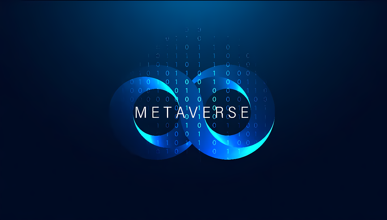 这是一张描绘“元宇宙”概念的图像，展示了蓝色调背景上的数字雨和明亮的“METAVERSE”文字。