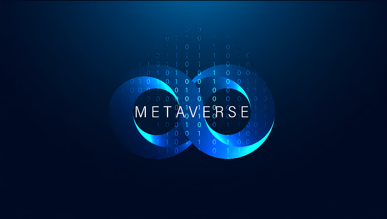 这是一张描绘“元宇宙”概念的图片，以蓝色调为主，中心有“METAVERSE”字样，背景是由数字0和1组成的矩阵雨。