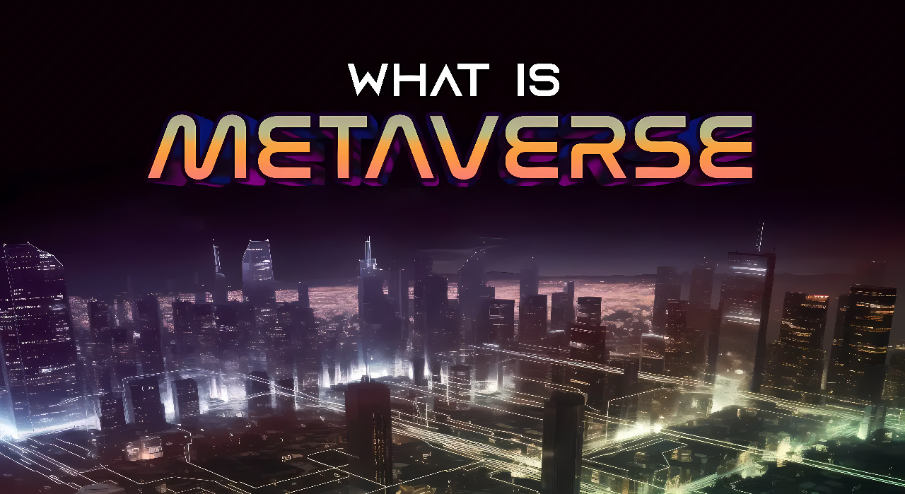 这张图片上方有彩色的“WHAT IS METAVERSE”字样，下方是一座夜景中的现代化城市，城市中建筑物上覆盖着数字化图案。