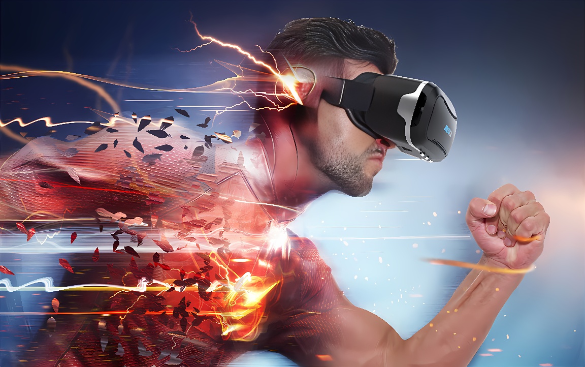 图片展示一位佩戴虚拟现实头盔的男性，正以快速姿态前冲，周围有电光和碎片效果，营造出动感和科技感。