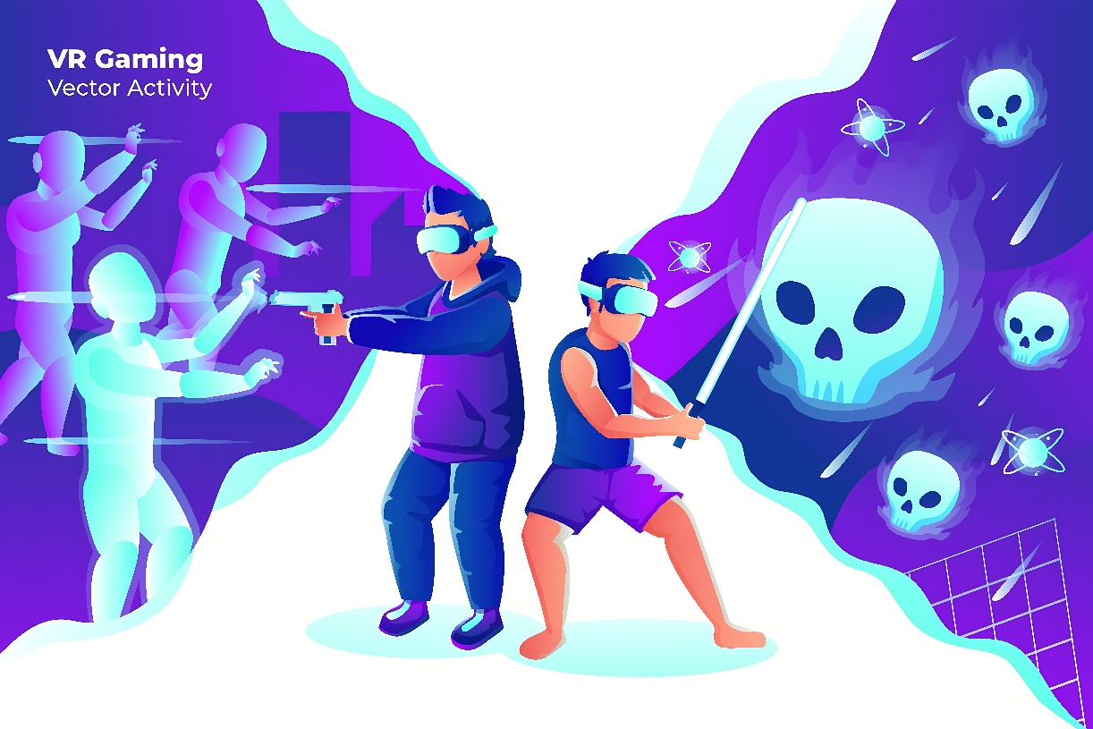 图片展示了两个人戴着虚拟现实头盔，在紫色调背景下进行VR游戏，周围有太空和骷髅元素。