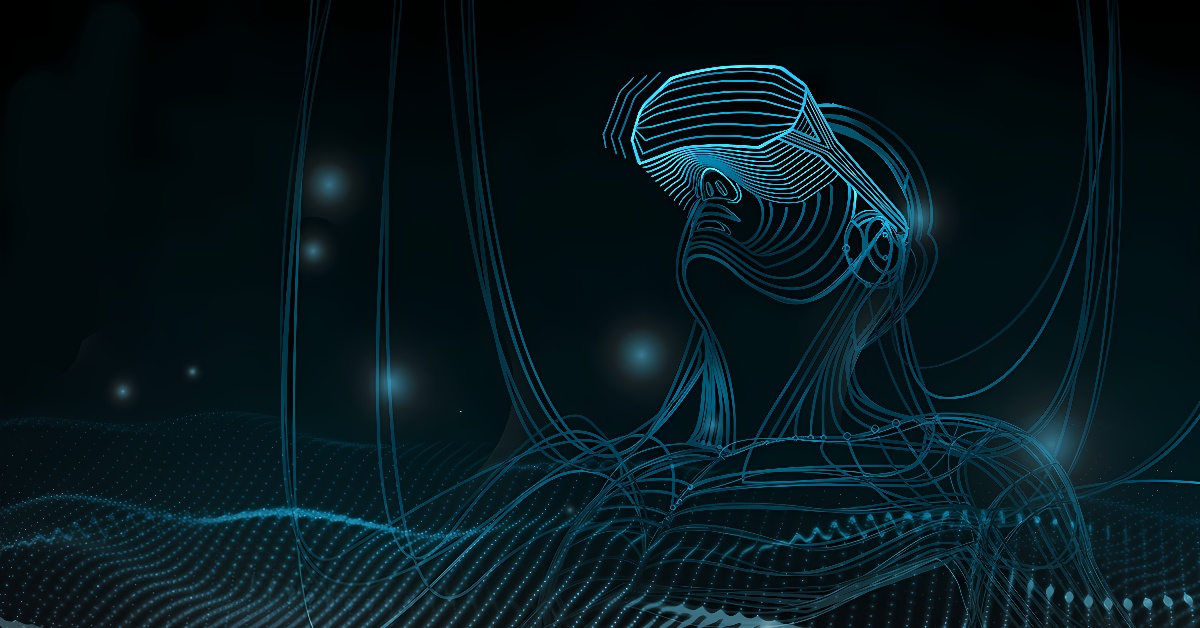 这是一张描绘虚拟现实头盔佩戴者的线条图，背景是深色调，有数字化波纹和光点，营造出科技感和未来氛围。