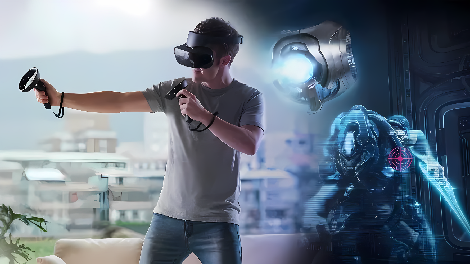 图片展示一位男子戴着虚拟现实头盔，正站在客厅中，似乎在体验沉浸式游戏，背景含有科幻元素。