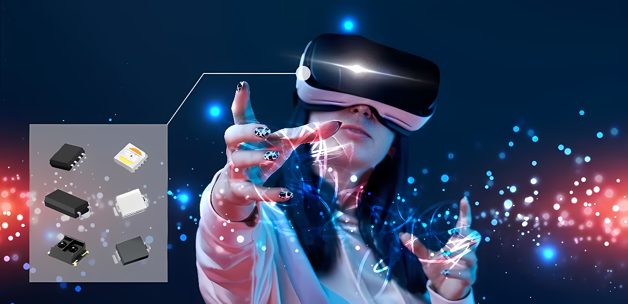 图片展示一位女性戴着虚拟现实头盔，正用手指触碰光点，背景是深蓝色带有光斑，旁边有电子设备零件的小图。