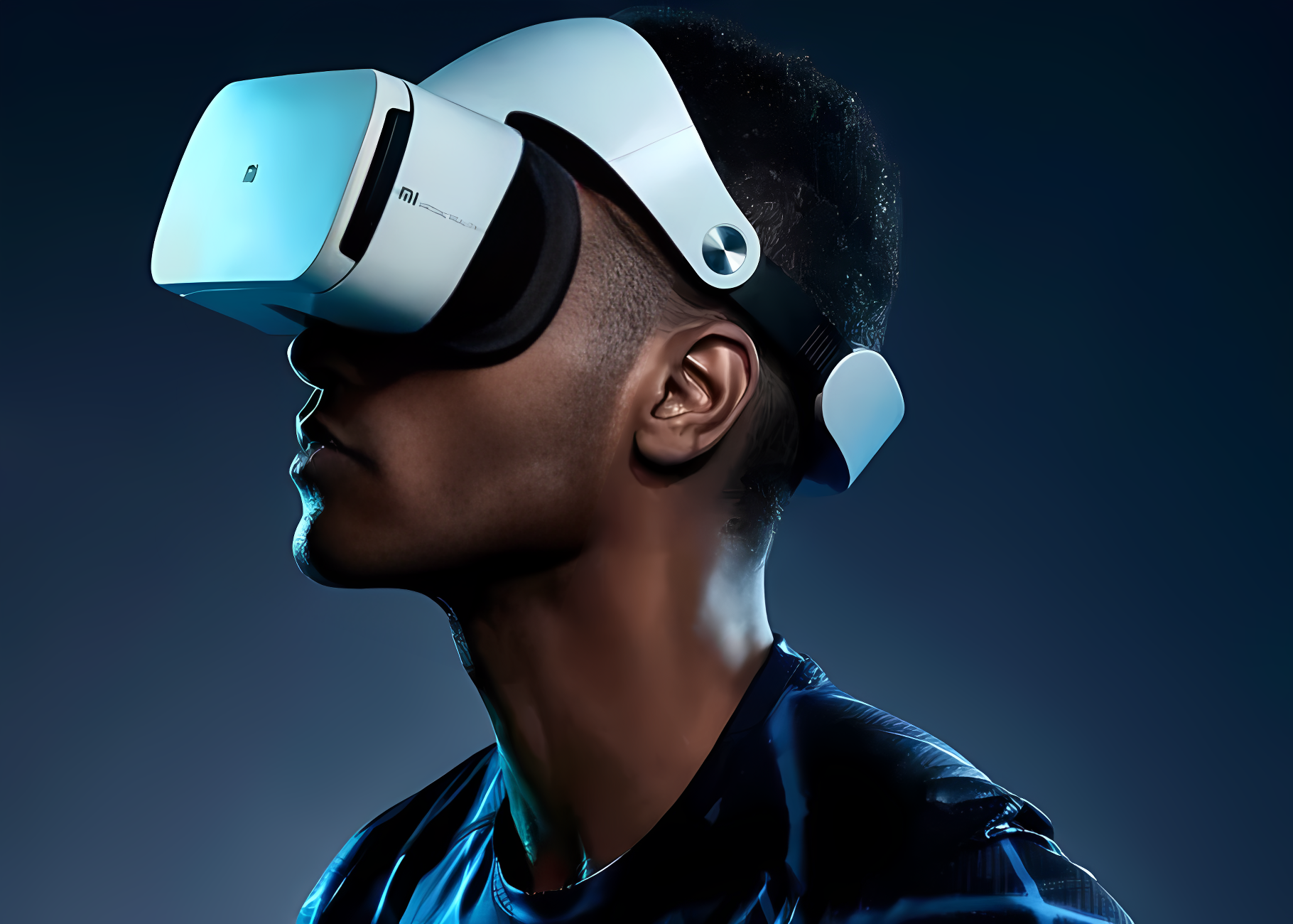 一位男士佩戴着虚拟现实头盔，专注地向右侧看去，背景为深色调，整体氛围科技感十足。