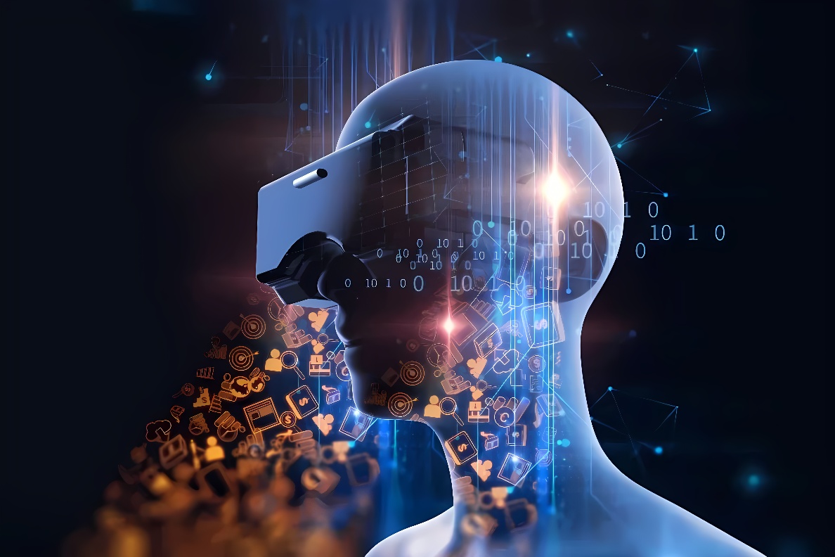 这是一幅描绘人工智能概念的图片，展示了一个透明人头轮廓内充满数字和科技符号，象征数据处理和智能思考。