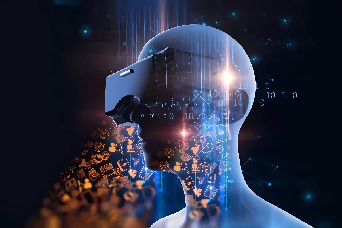 这是一张描绘人工智能概念的图片，展示了一个头部透明的机器人轮廓，内部充满数字和科技元素。