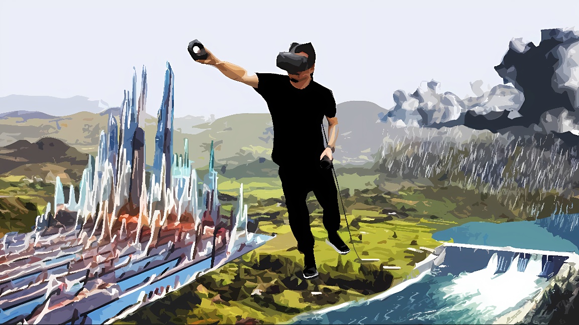 图片展示一位佩戴虚拟现实头盔的人似乎在体验虚拟世界，背景是一幅风景画，有山脉、河流和未来感建筑。