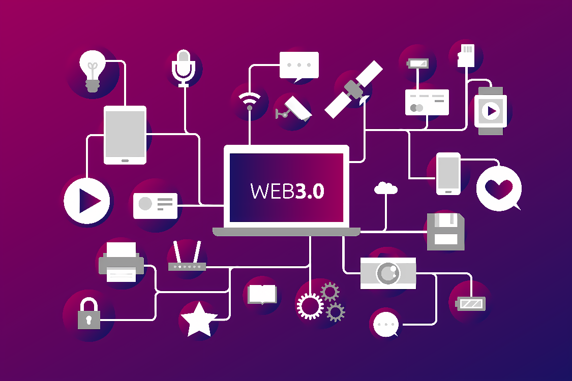 这是一张展示Web 3.0概念的插图，中心是一台显示器，周围连接着多种互联网技术和多媒体符号的图标，突显网络互联性和创新。