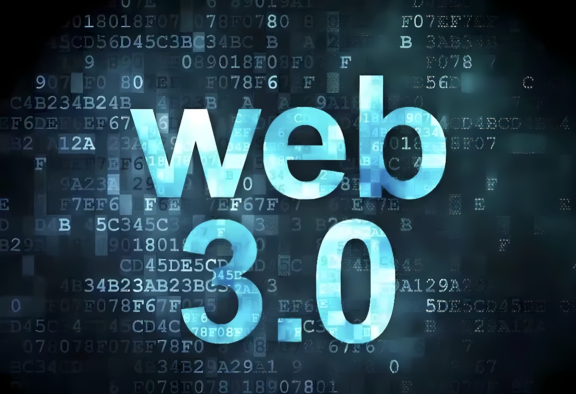 图片展示了“Web 3.0”三维文字，背景是由数字和英文字母组成的矩阵代码，暗示了下一代互联网技术的复杂性和信息化。