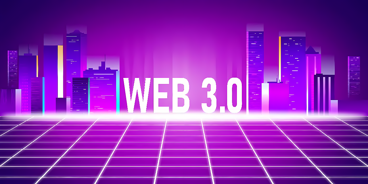 这是一张描绘未来风格城市天际线的图片，前景有紫色调的网格地面，中间醒目地展示着“WEB 3.0”字样。