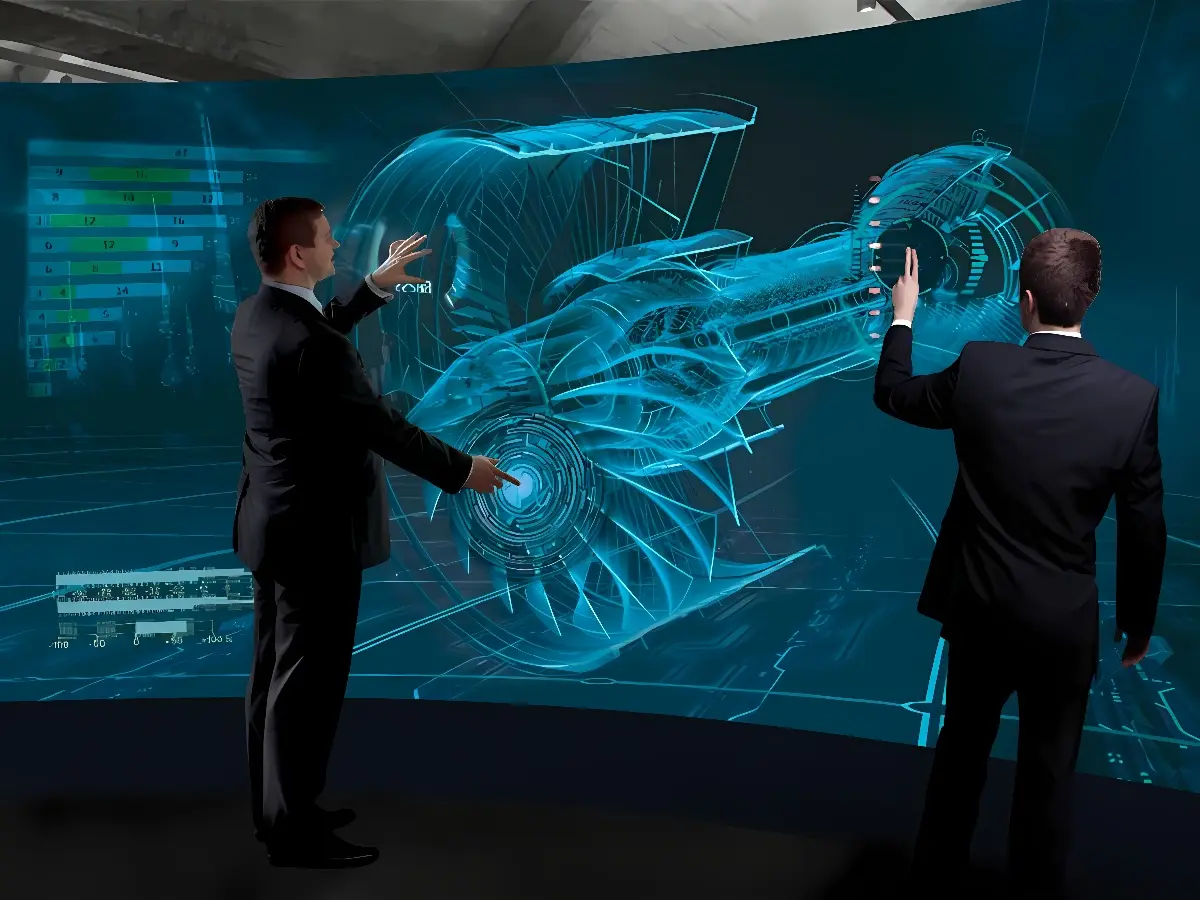 图片展示两位西装男士在高科技房间内，通过手势与一幅三维虚拟汽车引擎图像互动，周围是数字化界面。