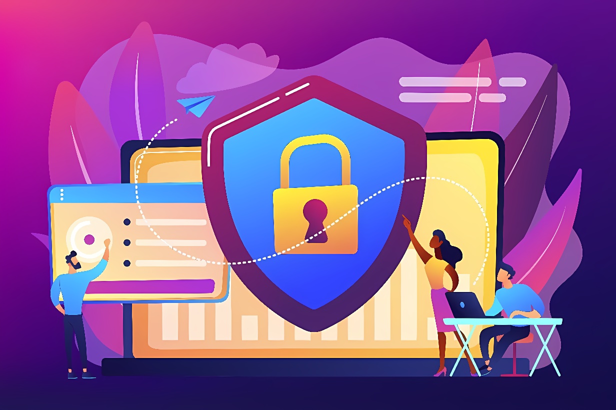 这是一张描绘网络安全概念的插图，图中有人物、电脑和一个巨大的保护盾，象征着数据保护和信息安全。