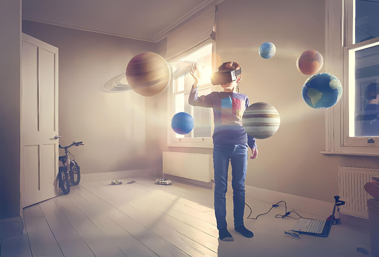 一位孩子站在房间里，头戴VR眼镜，周围漂浮着太阳系行星的图像，营造出虚拟现实中探索宇宙的场景。